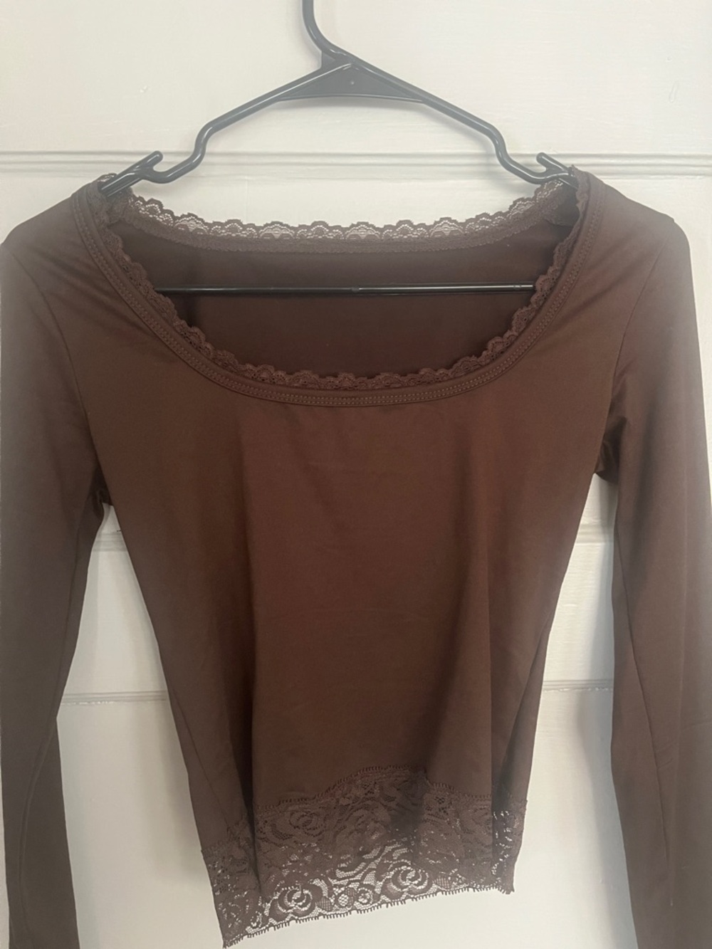SHEIN Brown Long Sleeve Lace-Trim Scoop Neck Top